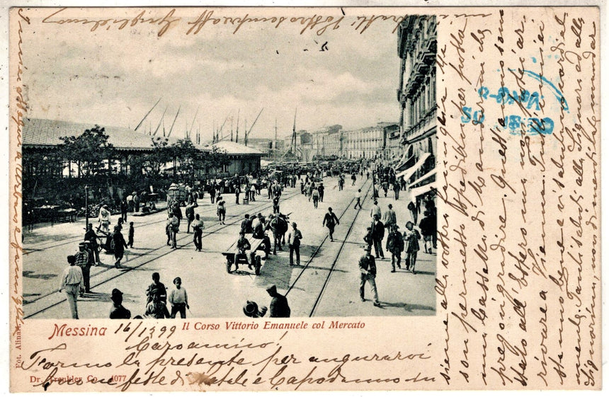 Cartolina antica Messina corso V.Emanuele con il mercato
