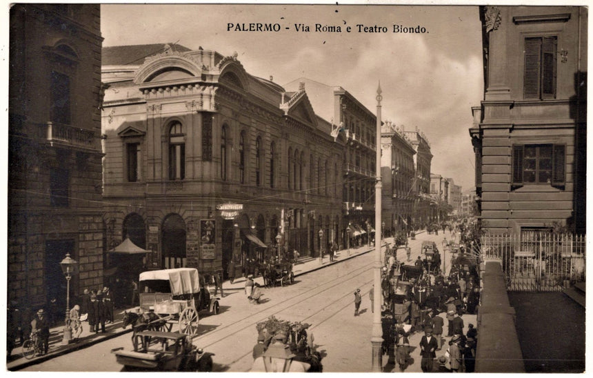 Cartolina antica Messina fotografia via Roma e teatro Biondo