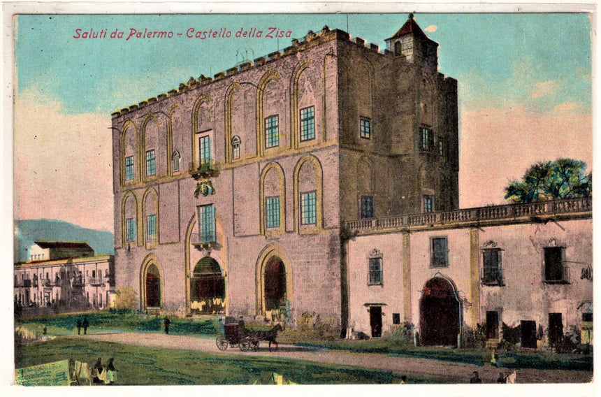 Cartolina antica Palermo saluti con castello della Zisa