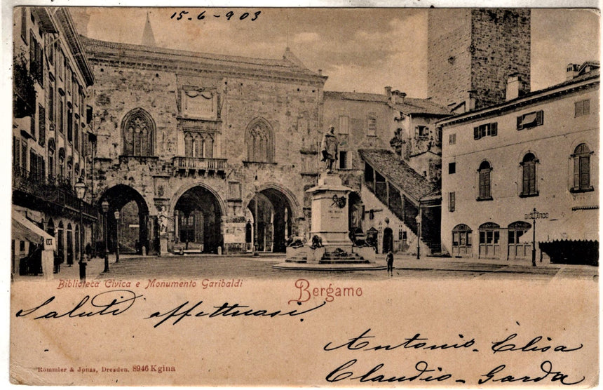 Cartolina antica Bergamo biblioteca e monumento a Garibaldi