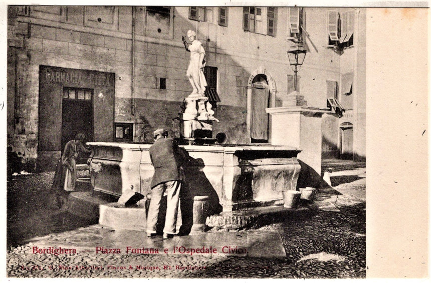 Cartolina antica Bordighera piazza Fontana e Ospedale Civico