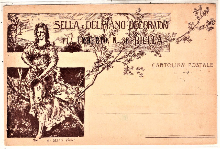Cartolina antica Biella Sella e Delpiano Decoratori Via Umberto