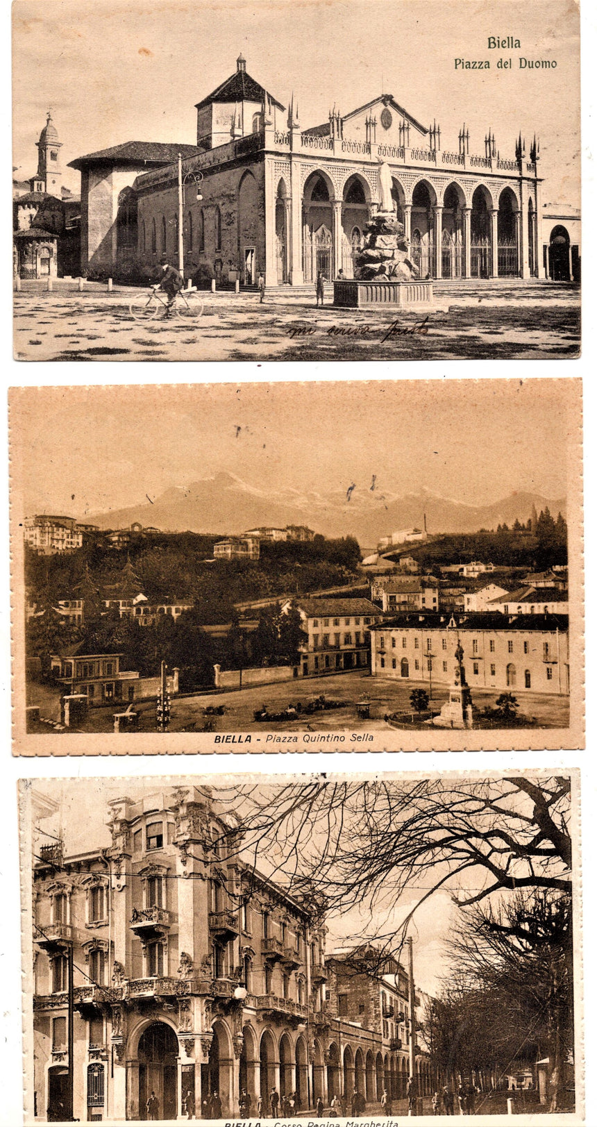 Cartolina antica Biella Corso R.Margherita piazza Sella piazza Duomo