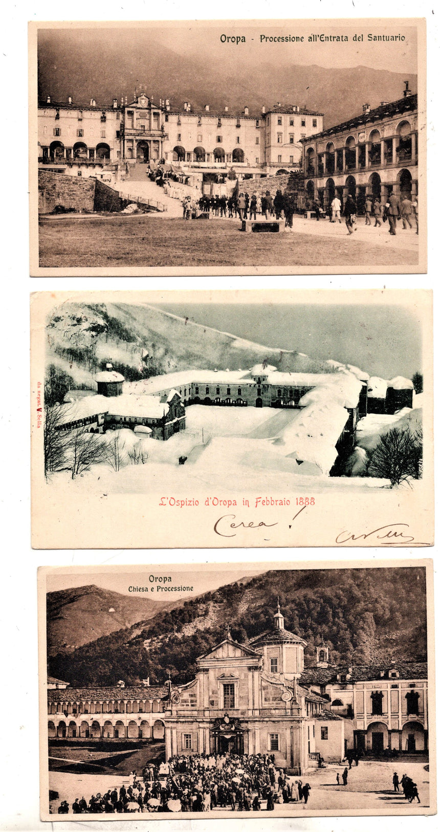 Cartolina antica Biella Oropa processione e Ospizio nel 1888