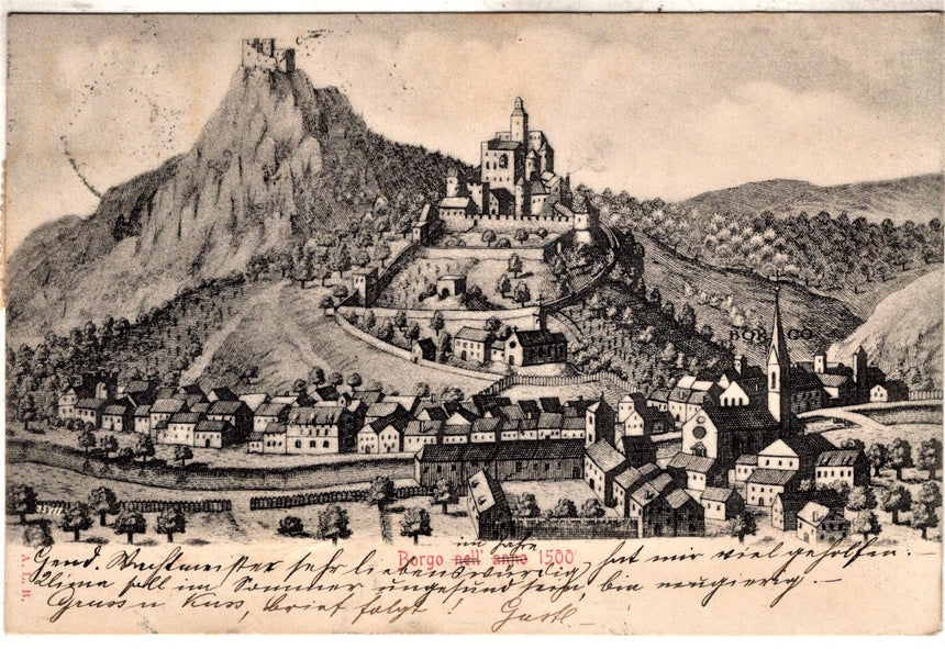 Cartolina antica Borgo Valsugana nell anno 1500