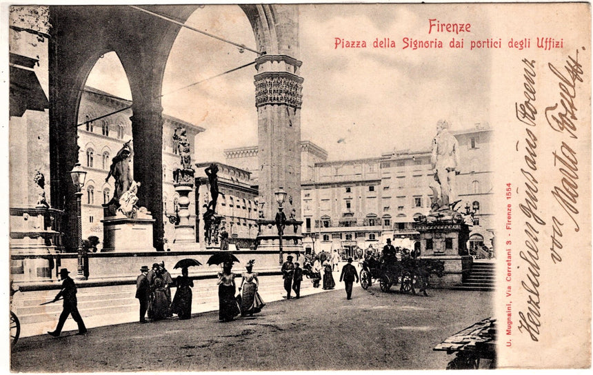 Cartolina antica Firenze portici e piazza Signoria