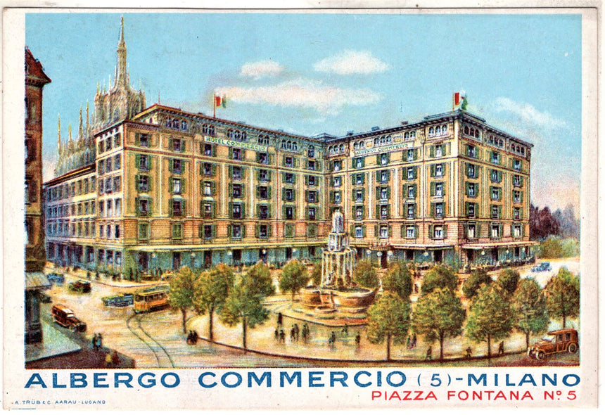 Cartolina antica Milano pubblicità Albergo Commercio piazza Fontana
