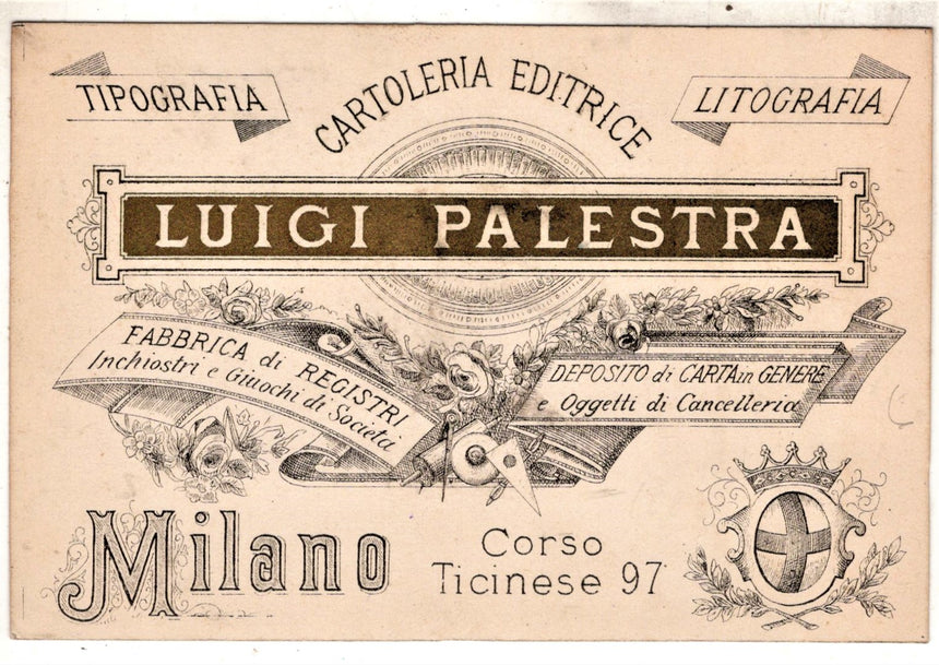 Cartolina antica Milano pubblicità Cartoleria Litografia L.Palestra Corso Ticinese