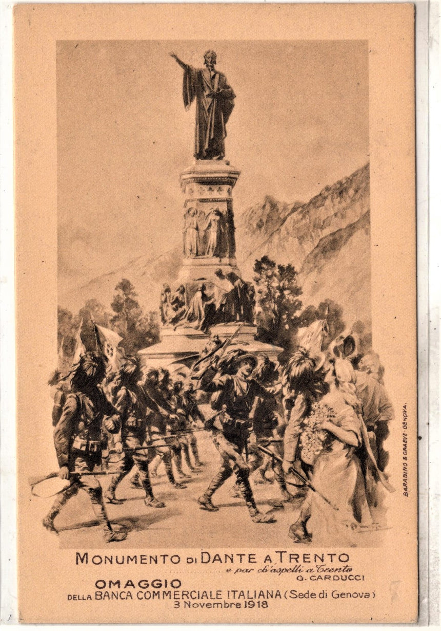 Cartolina antica Monumento Dante a Trento omaggio della commerciale Italiana