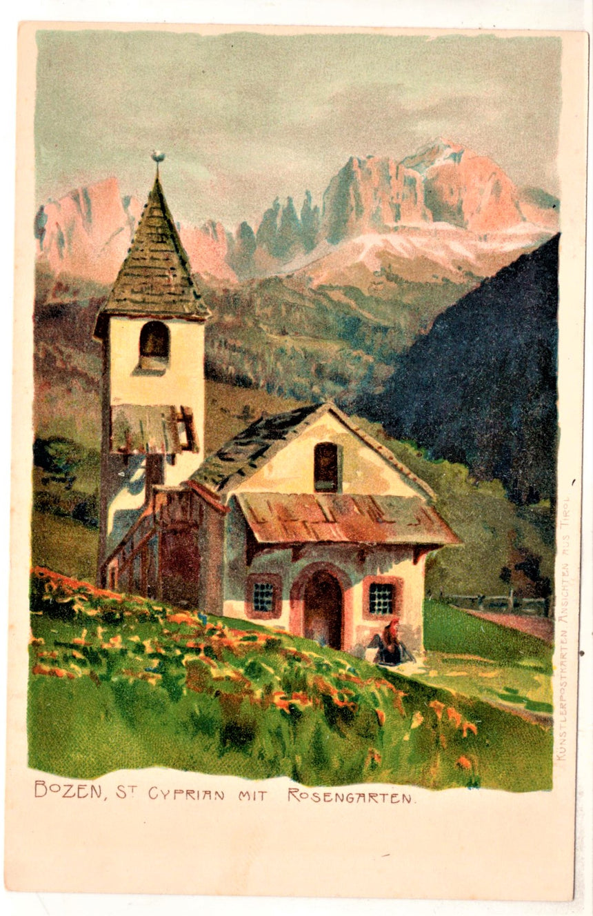 Cartolina antica Bozen St.Ciprian mit Rosengarten