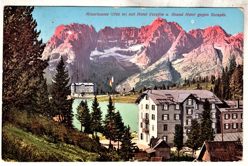 Cartolina antica Misuriasee mit Hotel Vecellio lago di Misurina e Hotel
