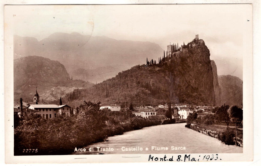 Cartolina antica Arco diTrento castello e fiume Sarca