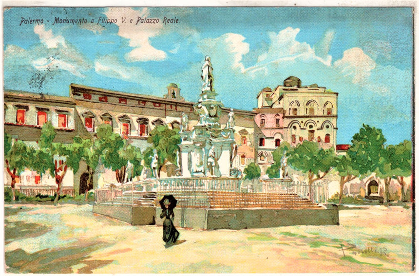 Cartolina antica Palermo monumento a Filippo e palazzo reale