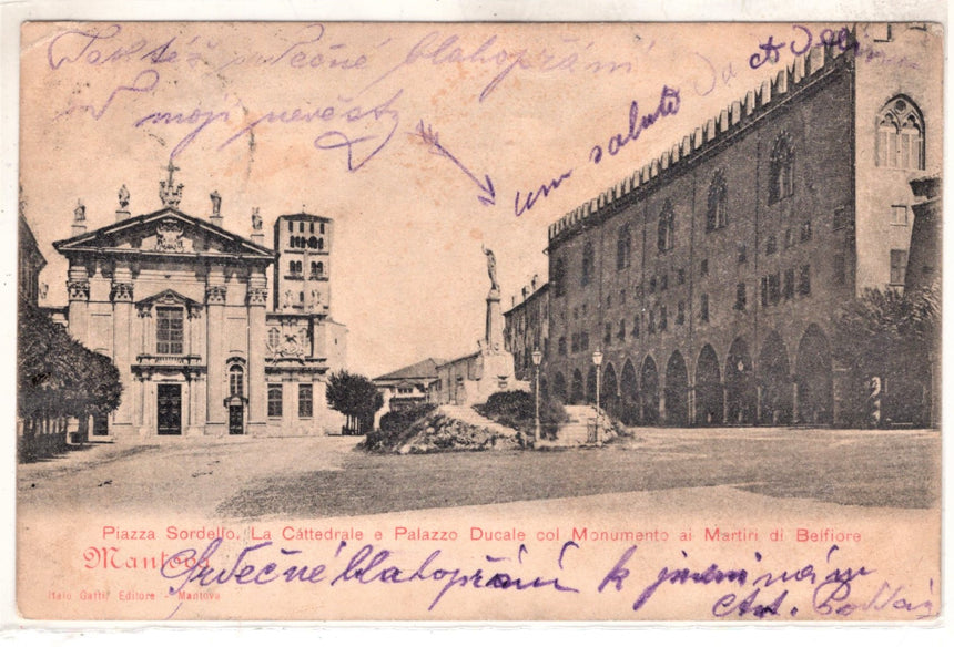Cartolina antica Mantova piazza Sordello la Cattedrale e palazzo Ducale