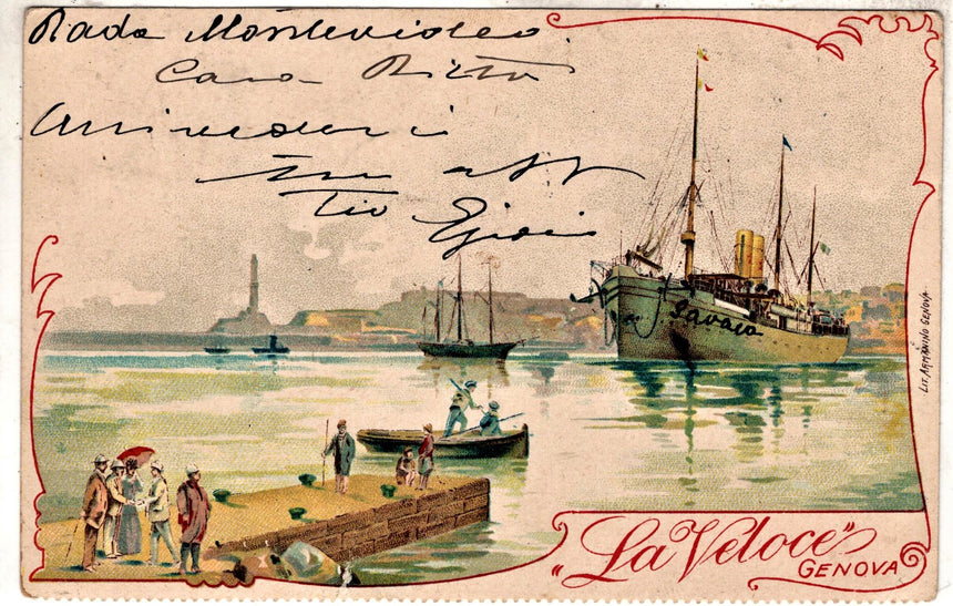 Cartolina antica Pubblicitaria La Veloce Genova da Montevideo a Rovereto