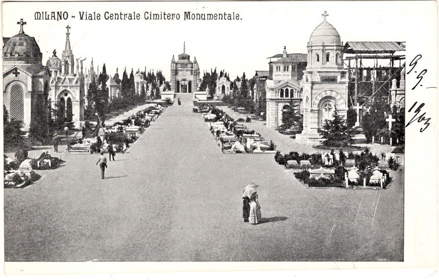 Cartolina antica Milano viale centrale del cimitero monumentale