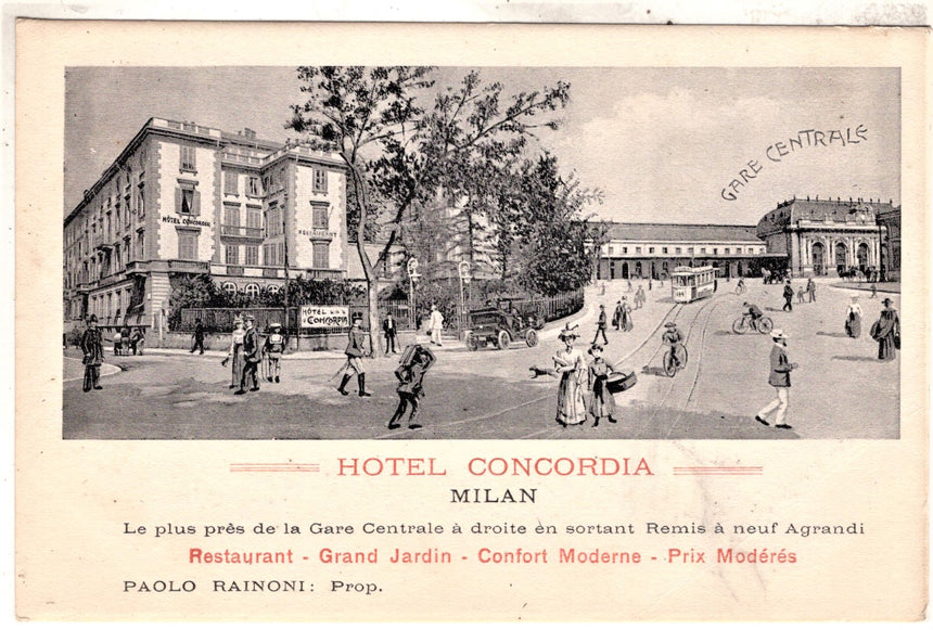 Cartolina antica Milano Hotel Concordia di P.Rainoni