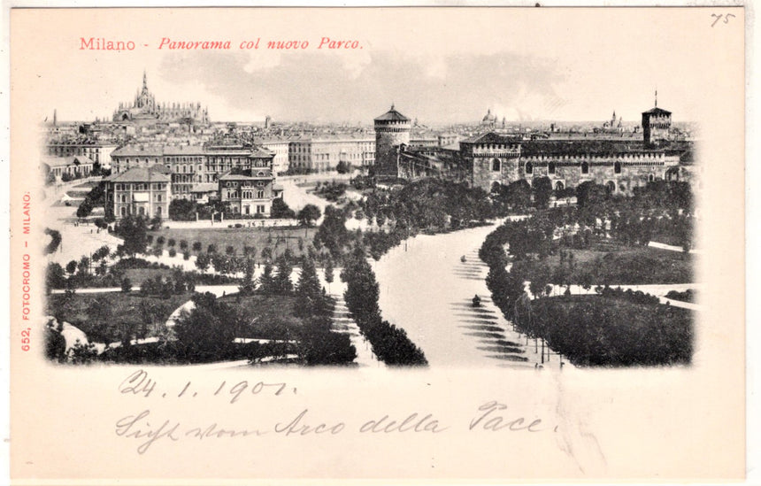 Cartolina antica Milano panorama con il nuovo parco