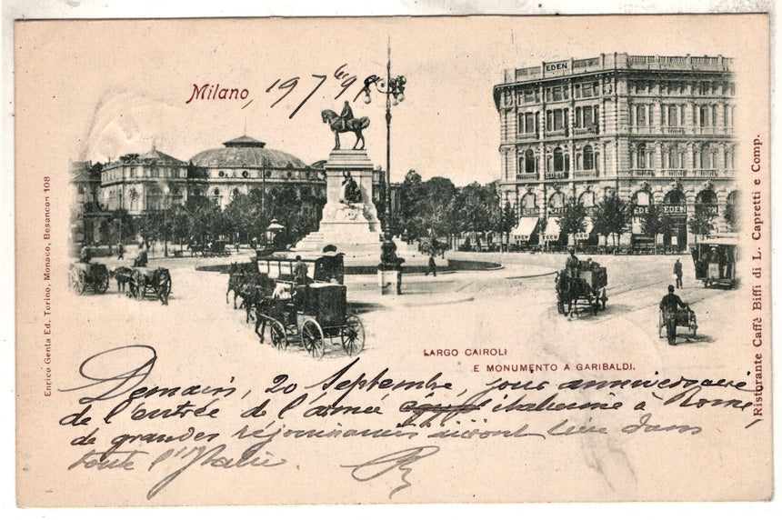 Cartolina antica Milano largo Cairoli e monumento a Garibaldi