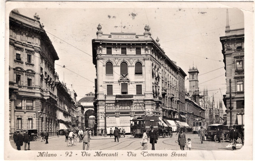 Cartolina antica Milano via Mercanti e via T. Grossi