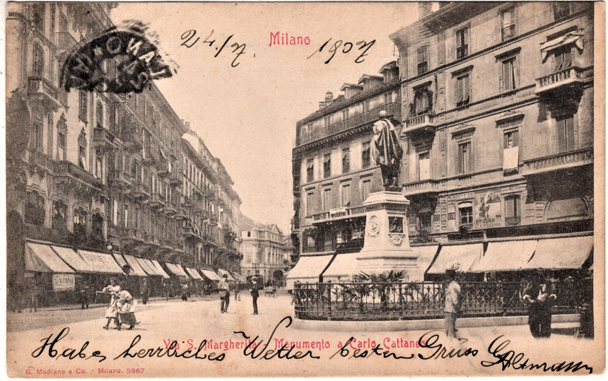 Cartolina antica Milano via S.Margherita monumento a C.Cattaneo