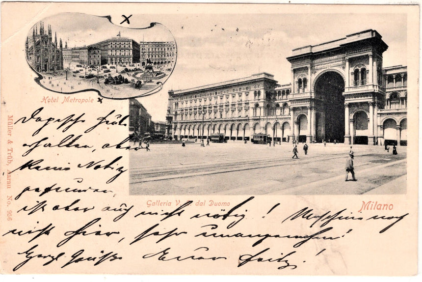 Cartolina antica Milano Galleria e hotel Metropole