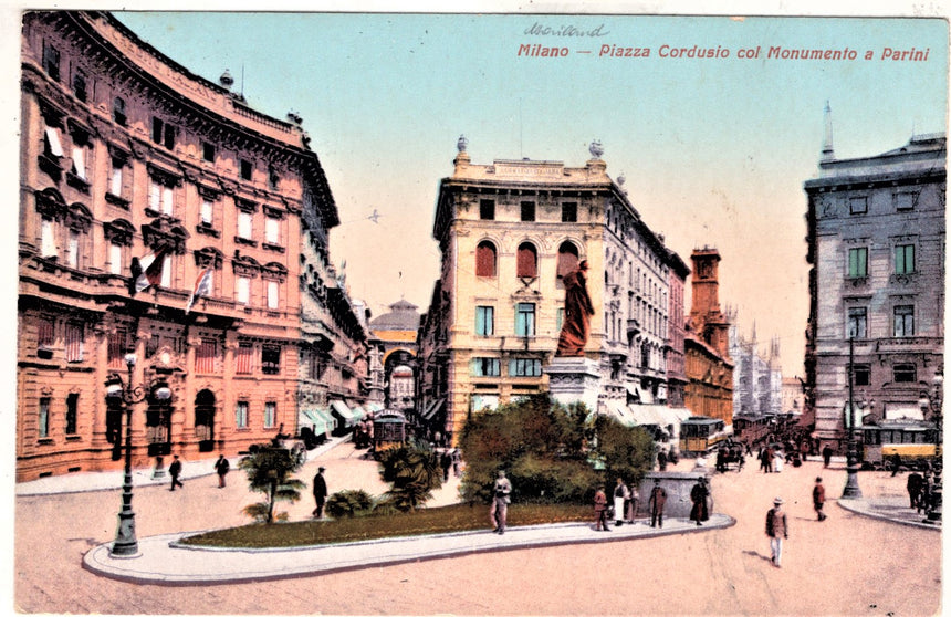 Cartolina antica Milano piazza Cordusio e monumento a Parini