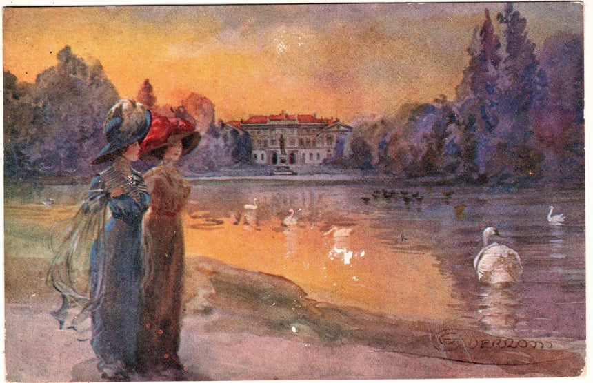 Cartolina antica Milano giardini pubblici dis.Guerzoni
