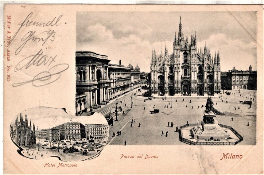 Cartolina antica Milano piazza Duomo e Hotel Metropole