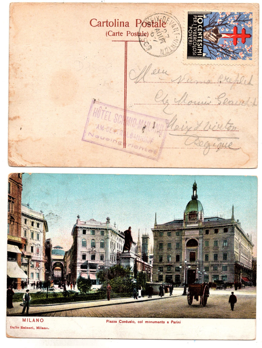 Cartolina antica Milano piazza Cordusio e monumento a Parini