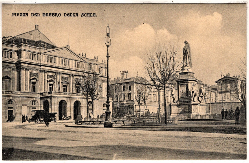Cartolina antica Milano piazza Teatro e Scala pubbl. COVA caffe ristorante