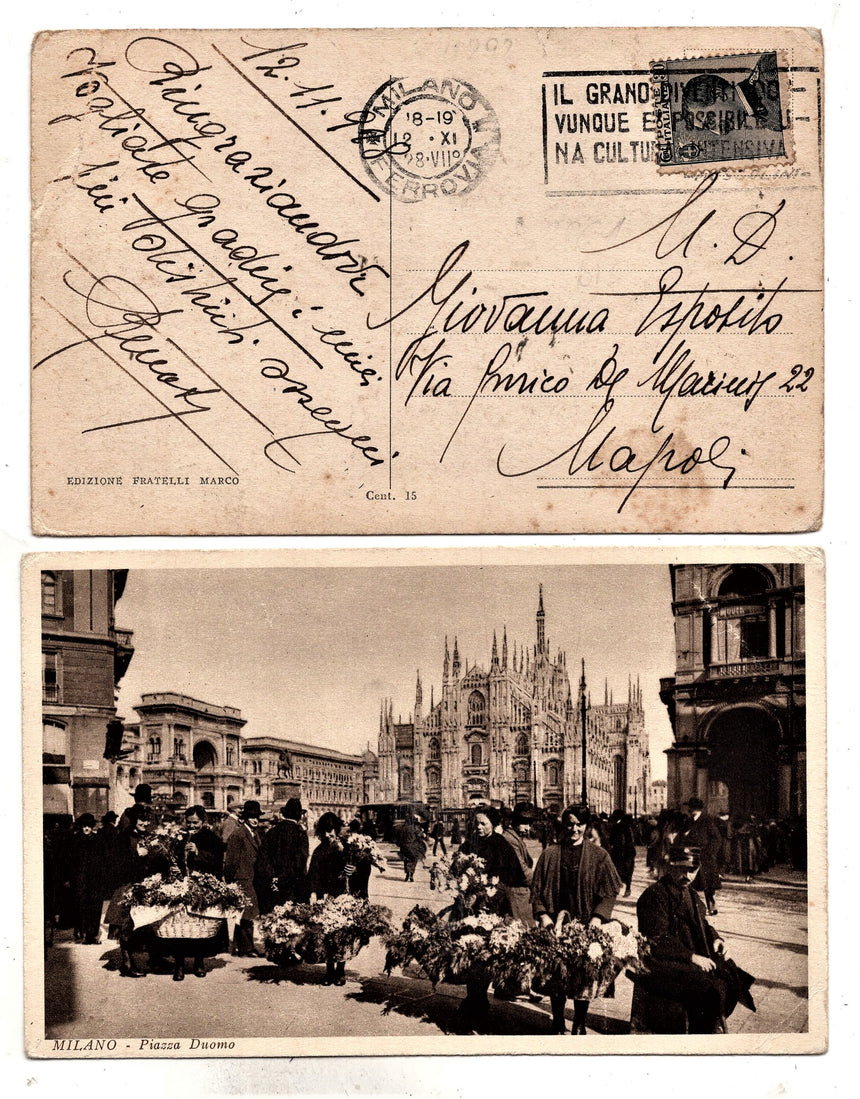 Cartolina antica Milano fioraie in piazza Duomo