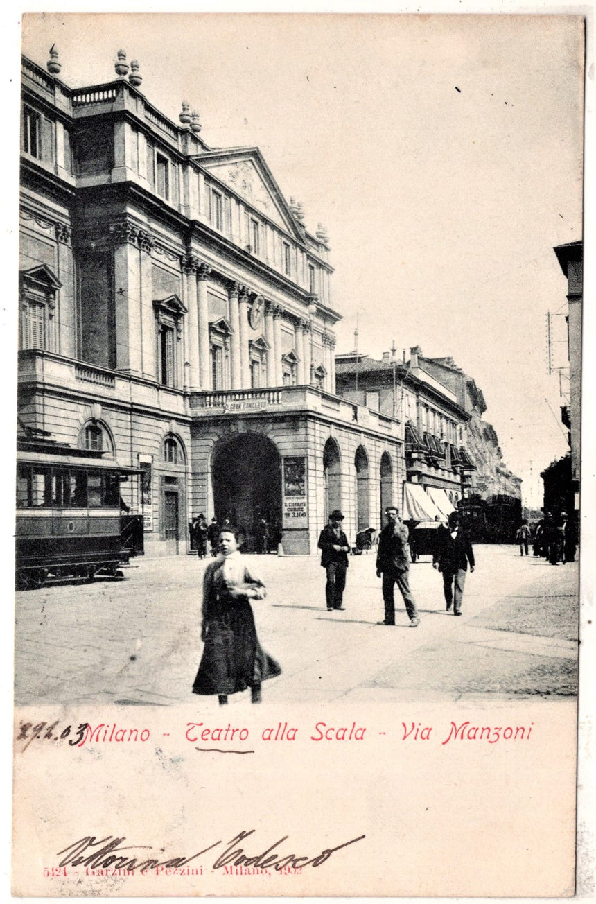 Cartolina antica Milano Teatro alla Scala via Manzoni