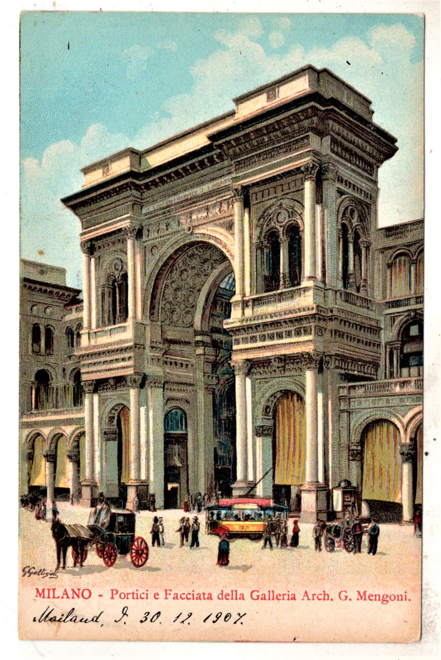 Cartolina antica Milano portici e facciata della galleria