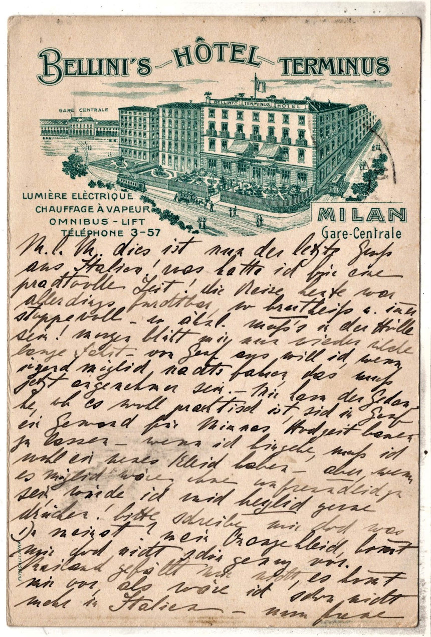 Cartolina antica Milano Bellini s Hotel Terminus