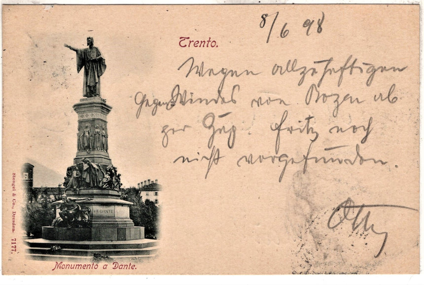 Cartolina antica Trento monumento a Dante spedita per Merano