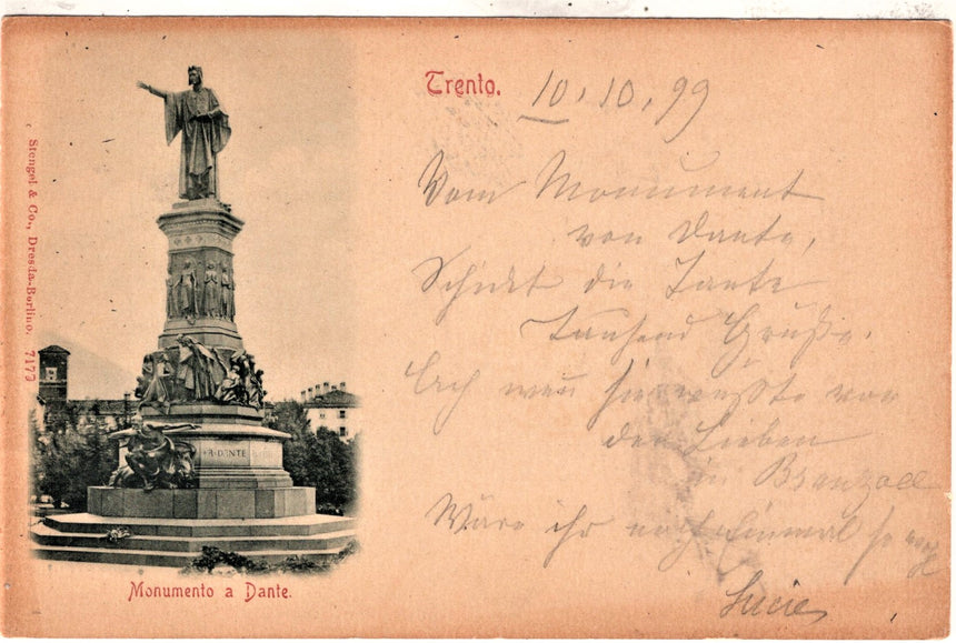Cartolina antica Trento monumento a Dante spedita per Bronzolo