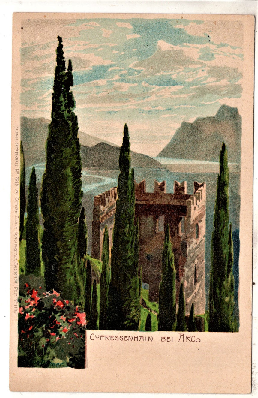 Cartolina antica Arco Trento Cypressenhain bei Arco dis. Zeno Diemer