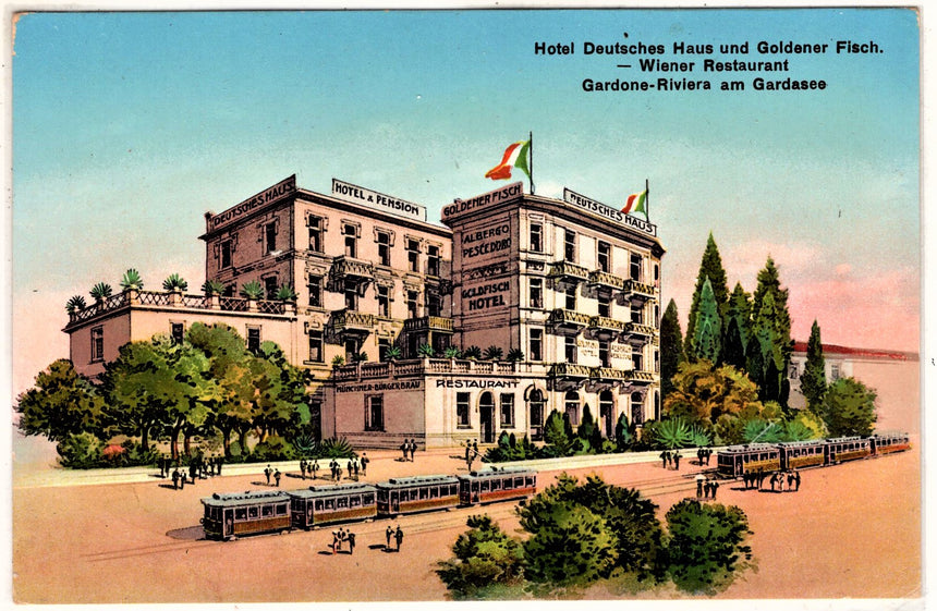 Cartolina antica Gardone sul Garda Hotel Deutsches Haus und Goldener Fisch