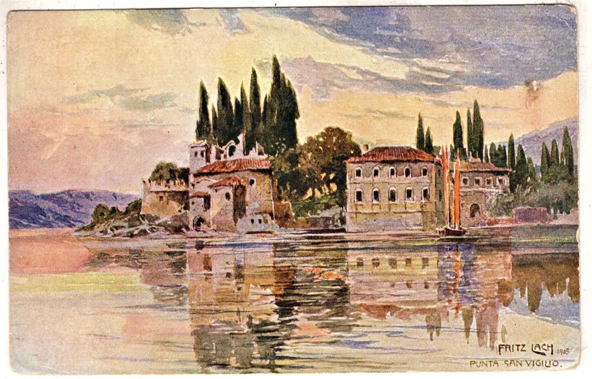 Cartolina antica Garda San Vigilio nel lago di Garda dis.F. Lach