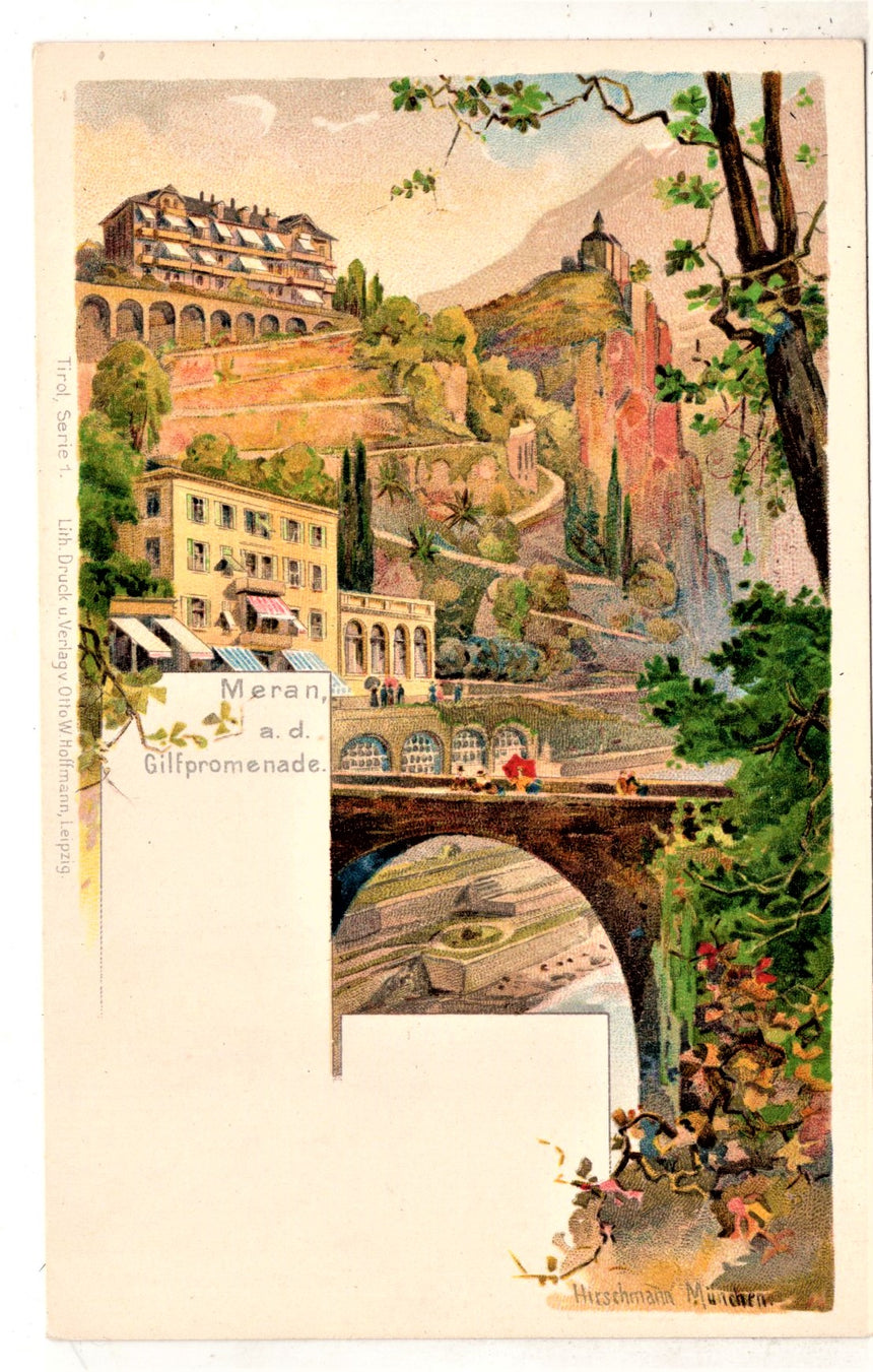 Cartolina antica Meran an die Gilfpromenade Sudtirol