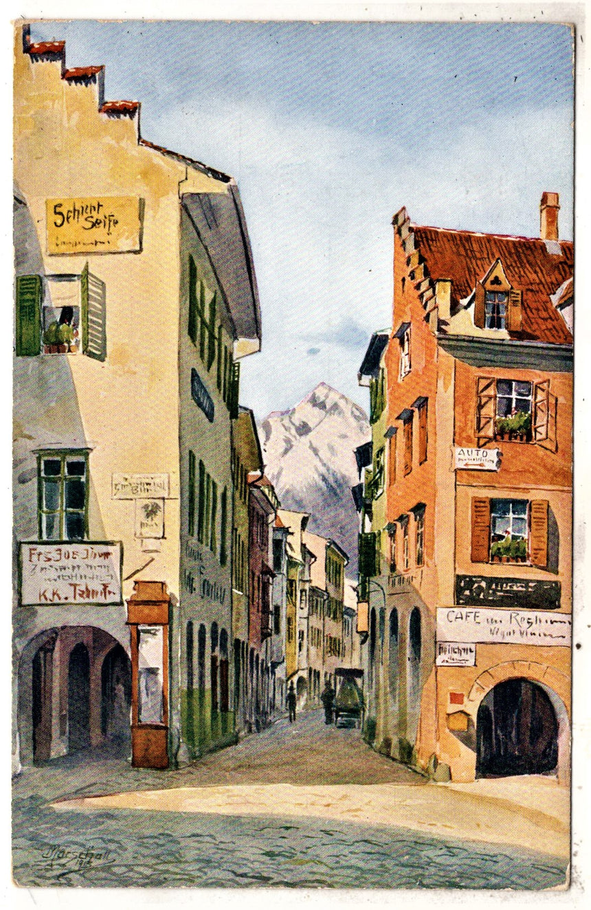 Cartolina antica Meran Laubengasse mit Zielspitze in Sud Tirol