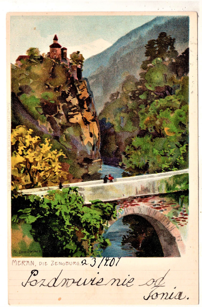 Cartolina antica Meran die Zenoburg dis. Zeno Diemer
