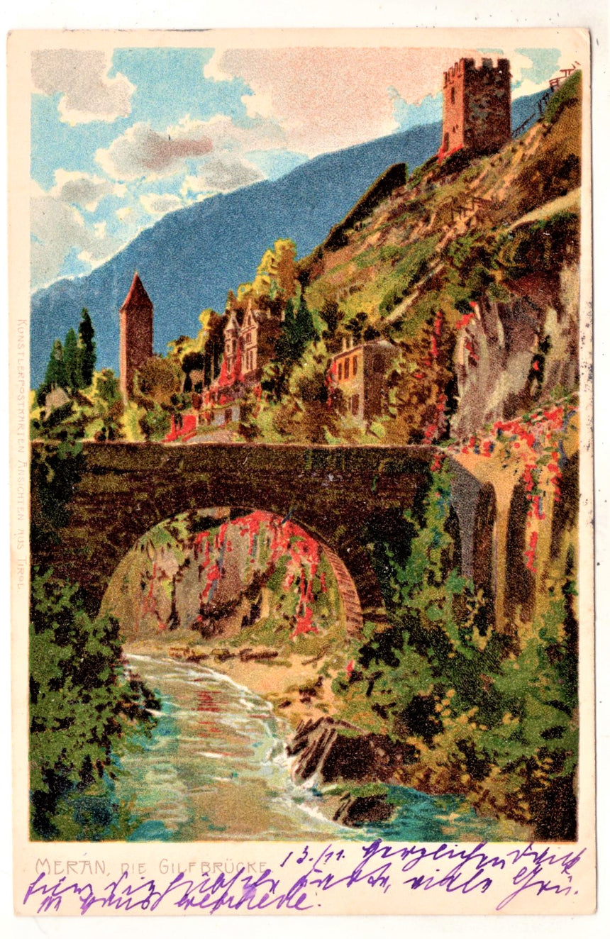 Cartolina antica Meran die Gulfbrucke dis Zeno Diemer ?