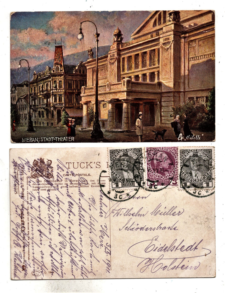 Cartolina antica Meran Stadt Theater dis. Oilette