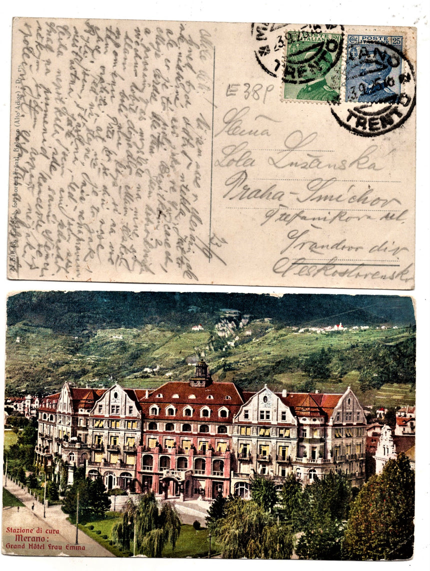 Cartolina antica Merano stazione di cura Hotel frau Emma