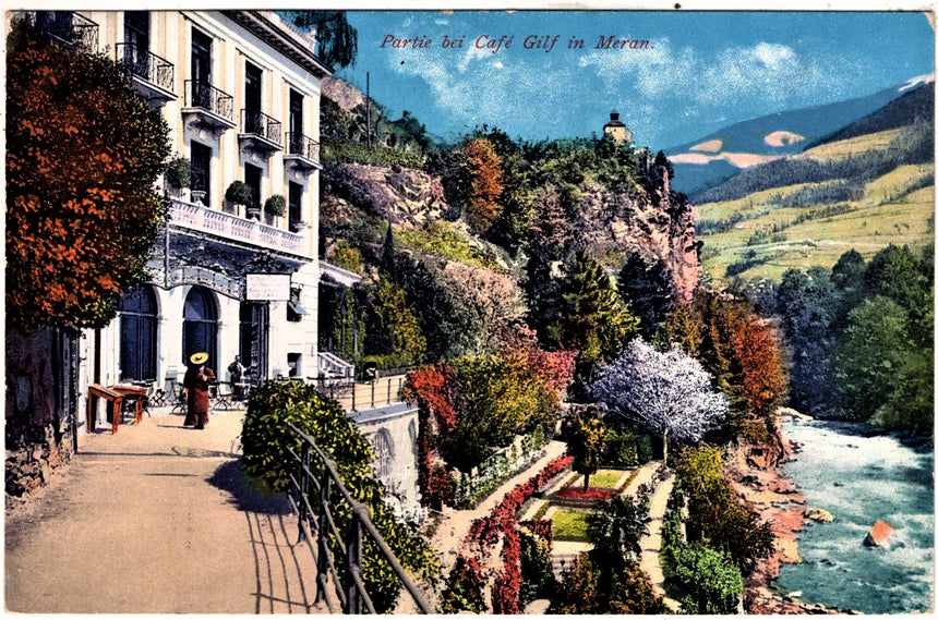 Cartolina antica Merano partie bei cafè Gilf in Meran