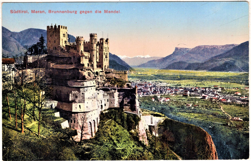 Cartolina antica Merano Brunnenburg gegen die Mendel
