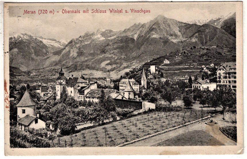 Cartolina antica Merano Obermais mit schloss Winkel sped. Per Bozen