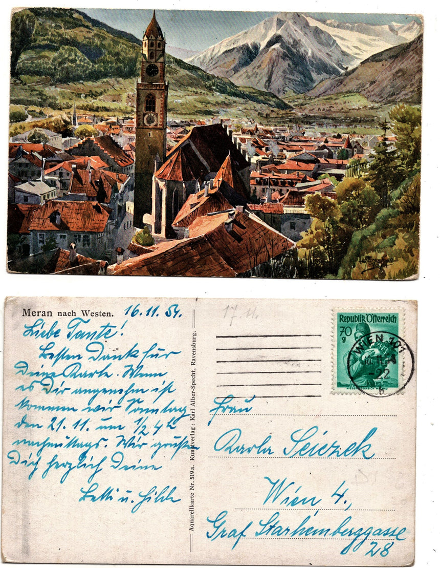 Cartolina antica Merano nach Westen cartolina anni 20 spedita 1954